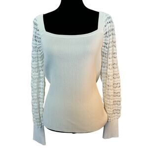 New ~ HALOGEN ~ White Lacy Sleeve Square Neck Pullover Sweater Size XL